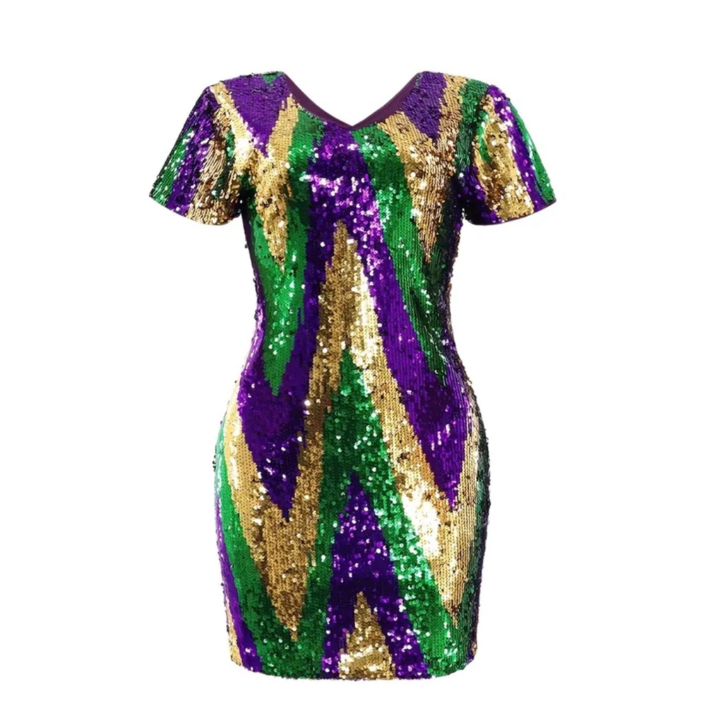 Sequin Mardi Gras Purple, Green and Gold Mini Dress - Picture 3 of 7